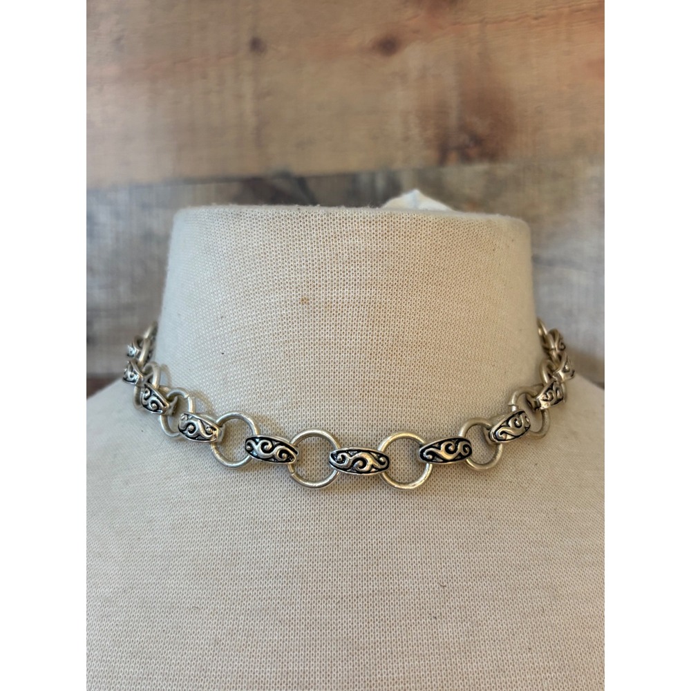 Brighton Silver Tone Scrollwork Link Choker Necklace with Ornate Clasp